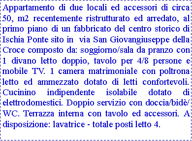 Casella di testo: Appartamento di due locali ed accessori di circa 50, m2 recentemente ristrutturato ed arredato, al primo piano di un fabbricato del centro storico di Ischia Ponte sito in  via San Giovangiuseppe della Croce composto da: soggiorno/sala da pranzo con 1 divano letto doppio, tavolo per 4/8 persone e mobile TV. 1 camera matrimoniale con poltrona letto ed ammezzato dotato di letti confortevoli. Cucinino indipendente isolabile dotato di elettrodomestici. Doppio servizio con doccia/bid/WC. Terrazza interna con tavolo ed accessori. A disposizione: lavatrice - totale posti letto 4.